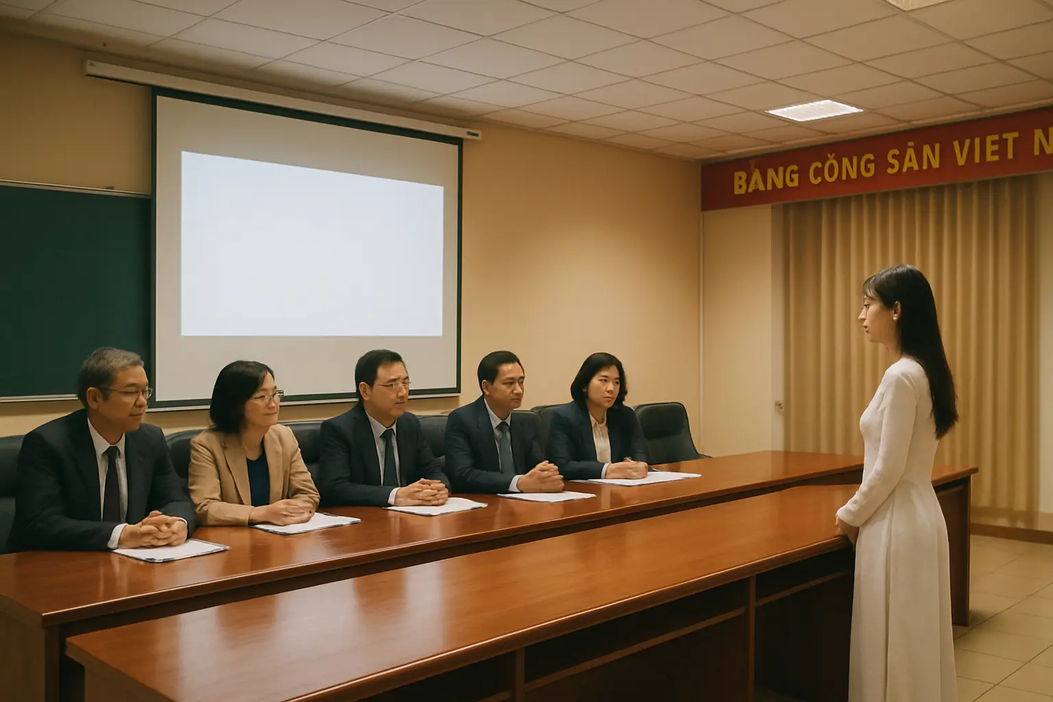 Phòng bảo vệ luận văn với hội đồng đánh giá ngồi trước bàn dài