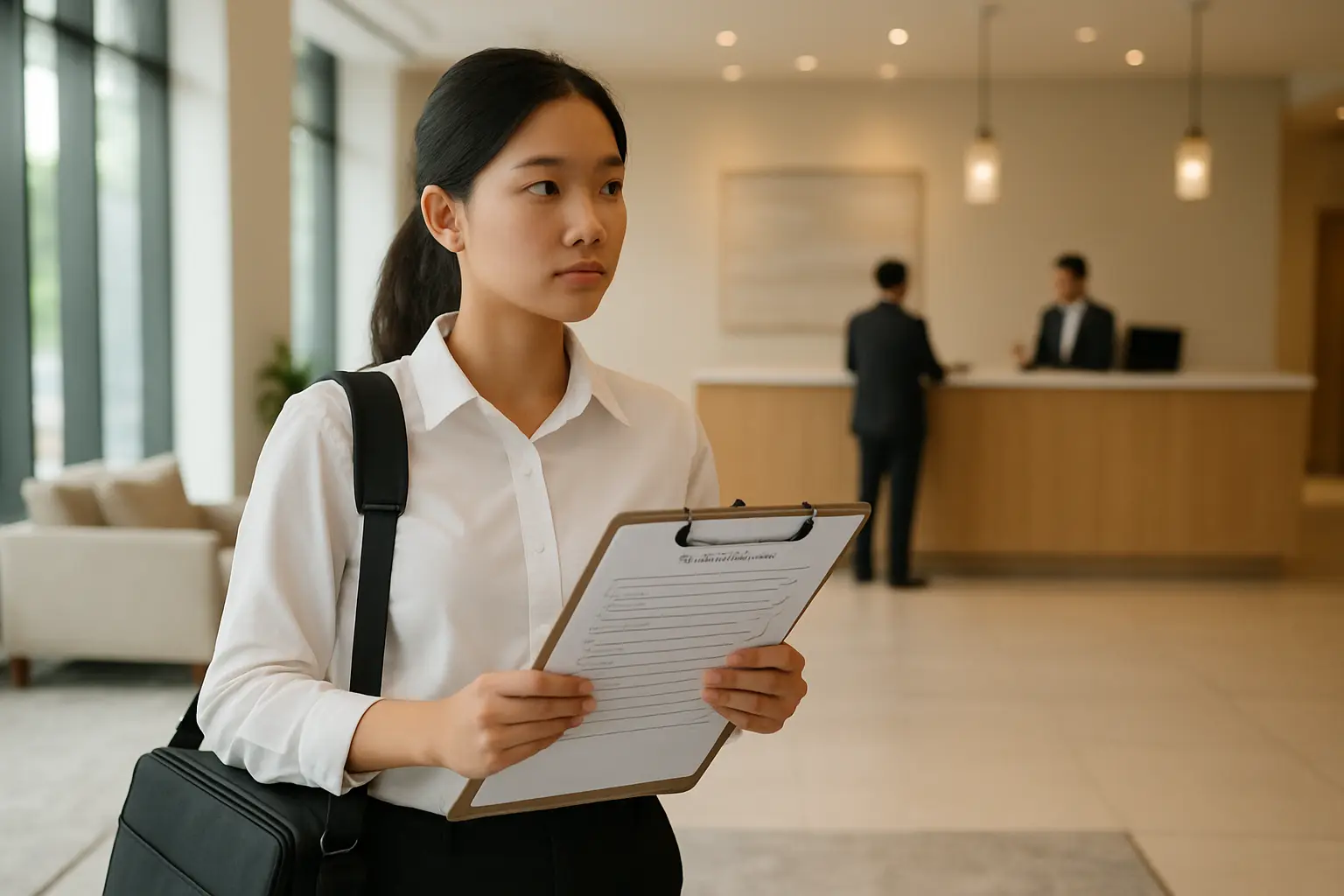 Sinh viên ngành Khách sạn khảo sát mức độ hài lòng của khách lưu trú tại sảnh khách sạn