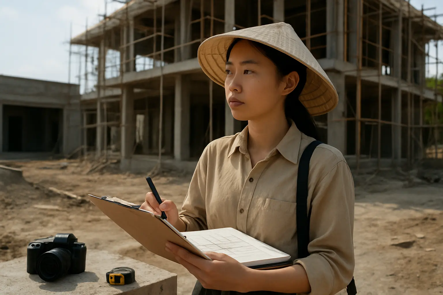Sinh viên Kiến trúc khảo sát hiện trạng khu đất và ghi chép số liệu thực địa