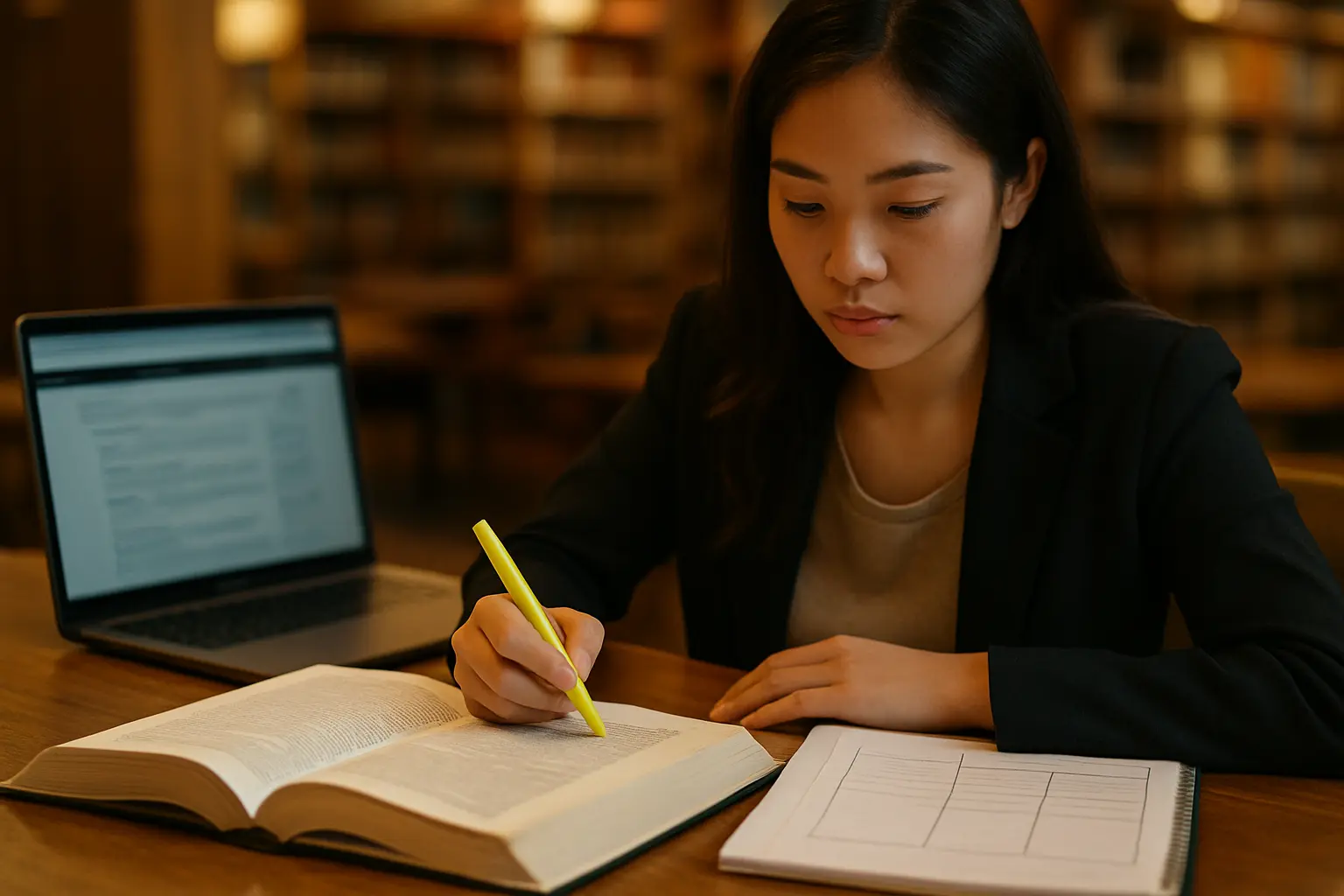 Sinh viên Luật đọc văn bản quy phạm pháp luật và ghi chú bảng so sánh tại thư viện