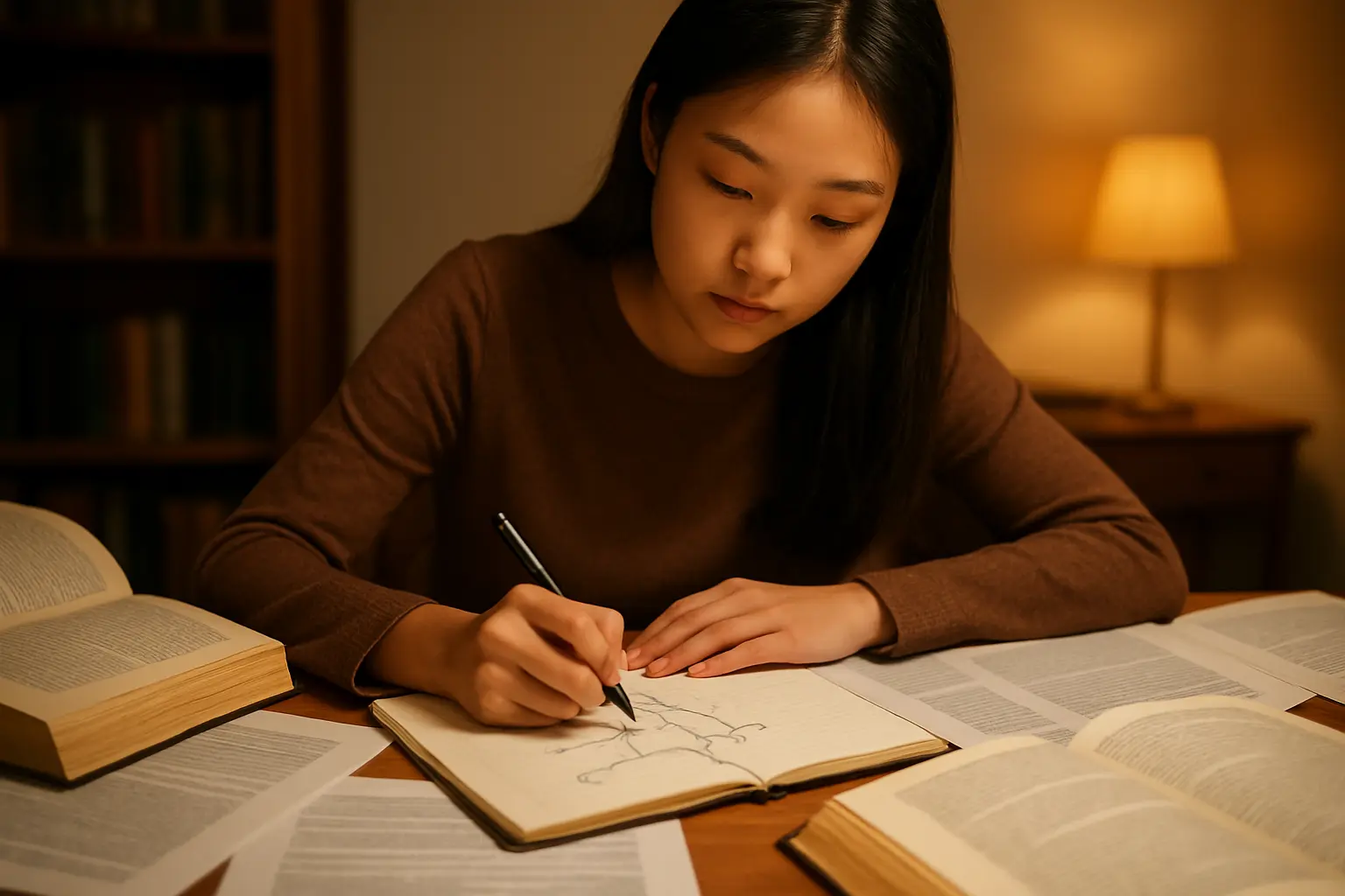 Học viên cao học Quan hệ quốc tế đối chiếu tài liệu và ghi chú khung lý thuyết phân tích