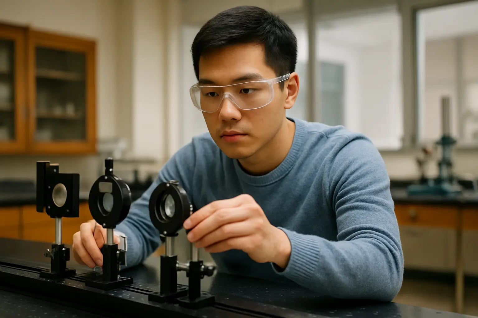Minh họa sinh viên vật lý vận hành thiết bị thí nghiệm trong phòng lab của trường