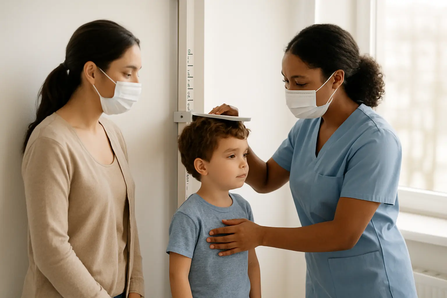 Minh họa nhân viên y tế đo chiều cao và cân nặng trẻ em để tính chỉ số z-score theo chuẩn tăng trưởng WHO