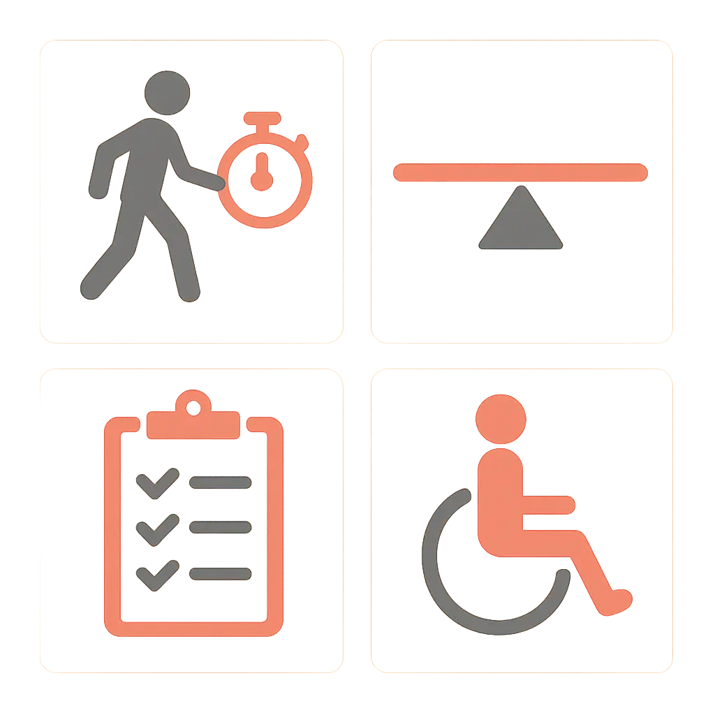 Bảng so sánh bốn thang đo vật lý trị liệu: TUG, Berg Balance, ODI, FIM
